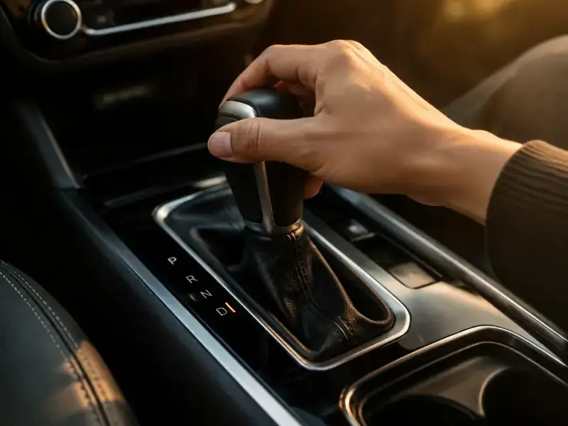 Hand op de keuzehendel van een automaat