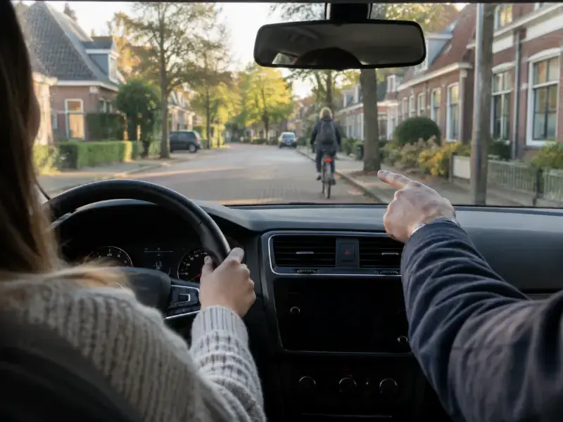 Instructeur wijst vooruit terwijl de leerling stuurt in een woonstraat