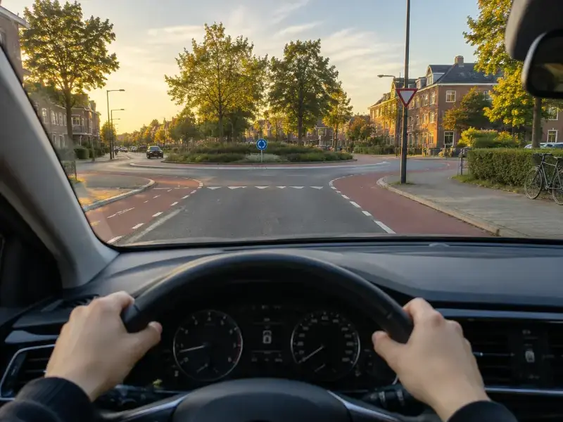 Leerling rijdt met beide handen aan het stuur richting een rotonde met rode fietspaden